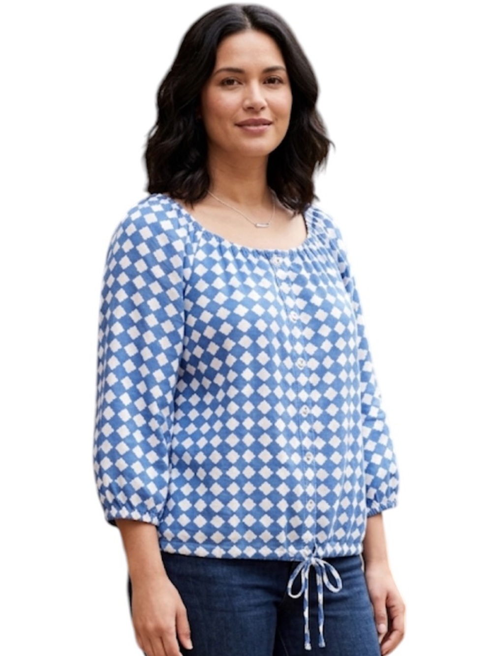 Talbots Linen Large Blue Diamond Print Blouse Drawstring Waist Puff Sleeve Top
Z